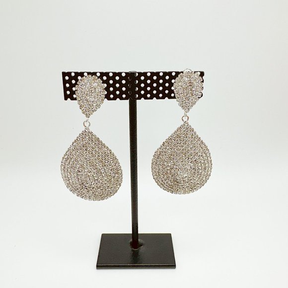 CLIP ON Large Silver Tone Tear Drop Rhinestone  Earrings - Picture 4 of 7